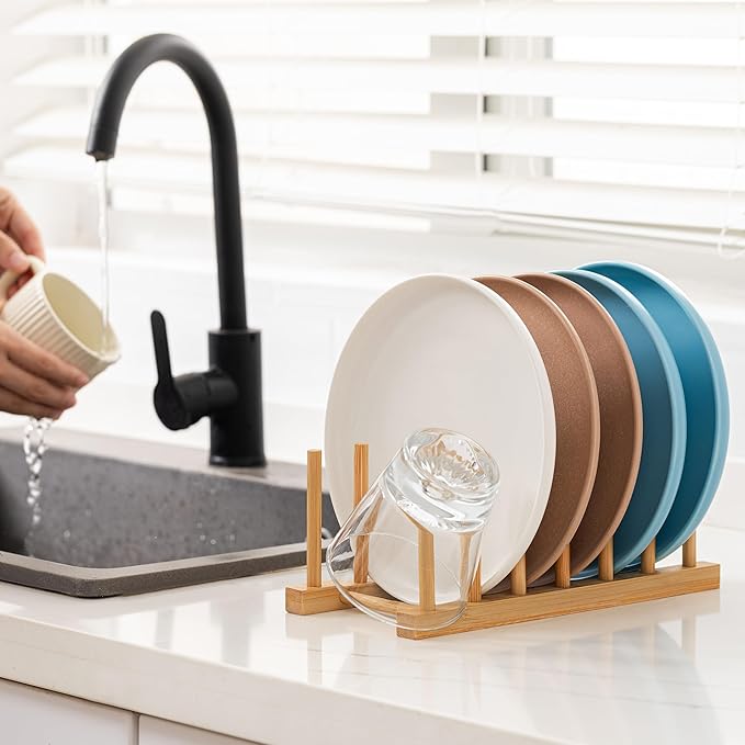 HBlife 2pcs Bamboo Dish Plate Bowl Cup Book Pot Lid Cutting Board Drying Rack Stand Drainer Storage Holder Organizer Kitchen Cabinet(Keep Dry)