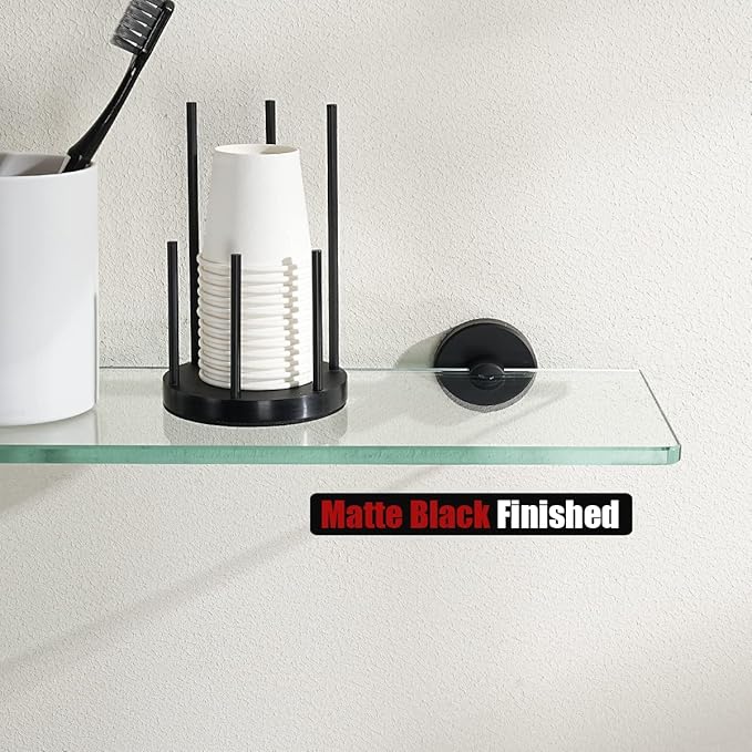 JQK Bathroom Glass Shelf Black, Tempered Glass Shower Storage 16 by 5 inches, 304 Stainless Steel Matte Black Wall Mount 2 Pack, TGS101L16-PB-P2