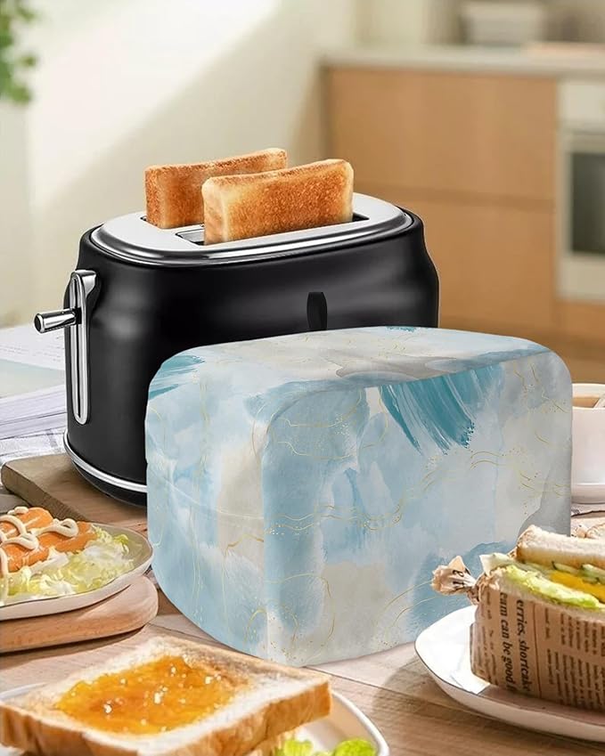 Teal Ombre Marble Toaster Cover 2 Slice - Small Kitchen Appliance Protection With Loop, Yellow Modern Geometric Abstract Art Design for Bread Machine, Polyester Dust Cover