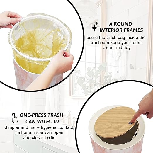 Trash Can with Lid Pink Marble Texture Abstract Marble Texture Press Top Round Small Garbage Bin with Wooden Legs Waste Basket for Kitchen Bedroom Nursery 7L/1.8 Gallon