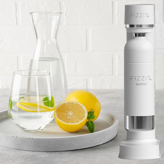 Stainless Steel White Sparkling Water and Soda Maker Machine with 3 White Stainless Steel 1L Re-Usable Bottle