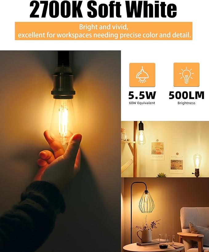 Lumiverse 90 Pack E26 led Bulb 60 watt dimmable Vintage LED Edison Bulbs 5.5W, 60W Equivalent, 2700K Soft White, Antique Style ST19/ST58 LED Light Filament Bulbs, CRI 90+, E26 Base