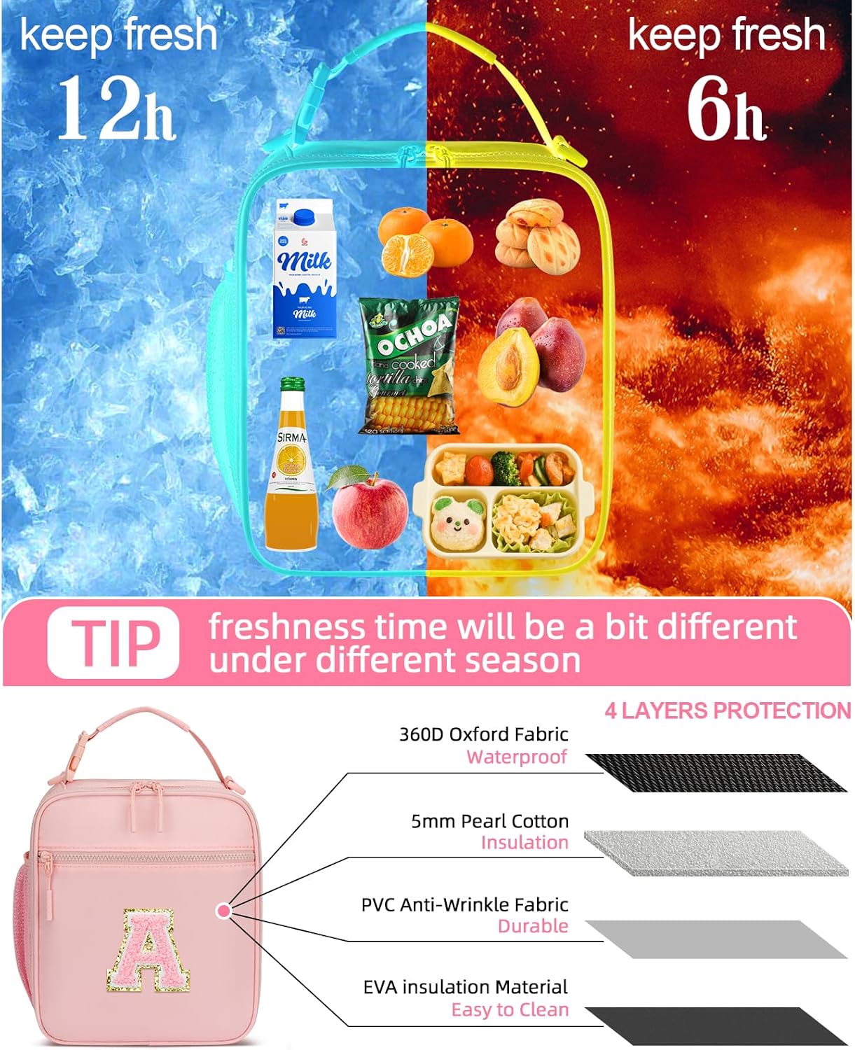 Initial Insulated Lunch Bag for Girls Kids, Back to School Gift, Reusable Leak-proof Lunch Box with Adjustable Strap for School Daycare Travel Picnic (Pink,A)