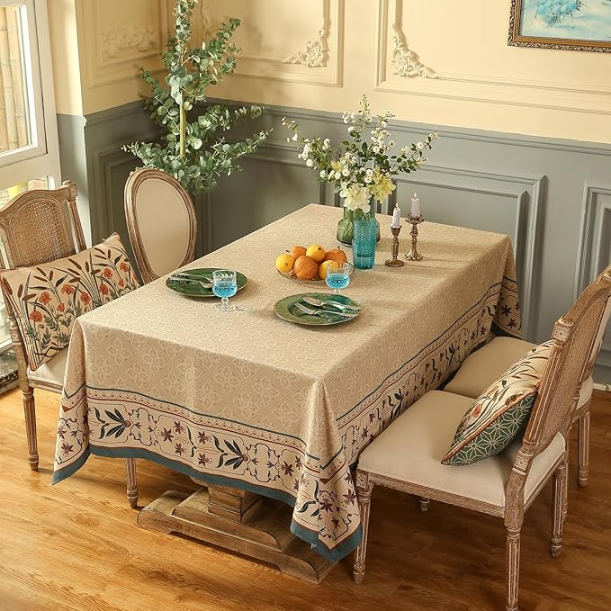 patdrea Designer French Linen Extra Long Tablecloth for Rectangle Table,Beige Anti-Wrinkle Floral Farmhouse Table Cloth,Decor Covers for Kitchen Dining,Party,Christmas,Thanksgiving,67"x118"-Fram