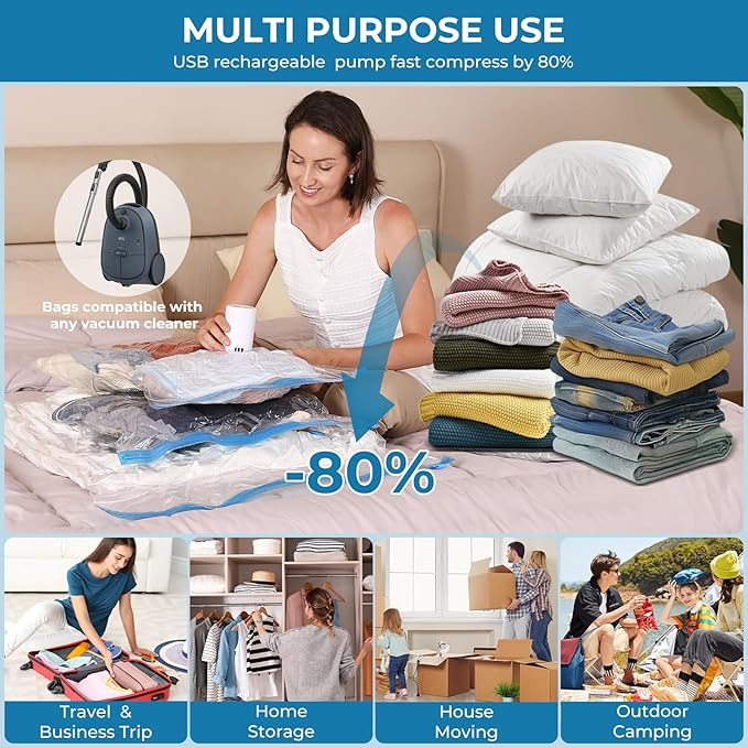 Vacuum Seal Bags for Clothing,10 Jumbo Vacuum Storage Bags with Rechargeable Air Pump,Space Saver Bags for Clothes,Travel Luggage,Blanket,Bedding,Pillows,Comforters