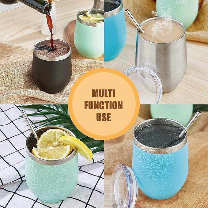 Amtidy 8 Pack Powder Coated Stainless Steel Tumbler with Lid,Equipped with straw and straw brush,12 oz Double Wall Vacuum Insulated Travel Tumbler Cup for Coffee, Wine, Cocktails