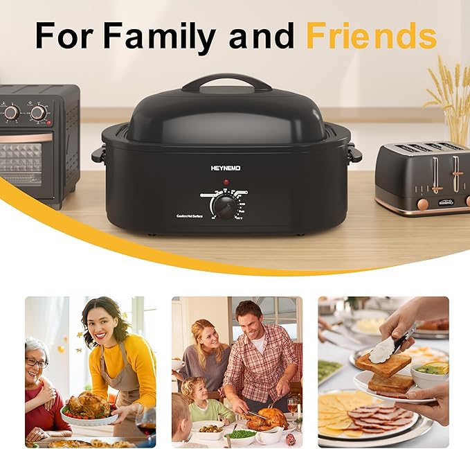 18 Quart Roaster Oven with Self-Basting Lid, Large Electric Turkey Roaster Oven with Defrost & Warm Function, Adjustable Temperature, Removable Pan & Rack, Stainless Steel, Black