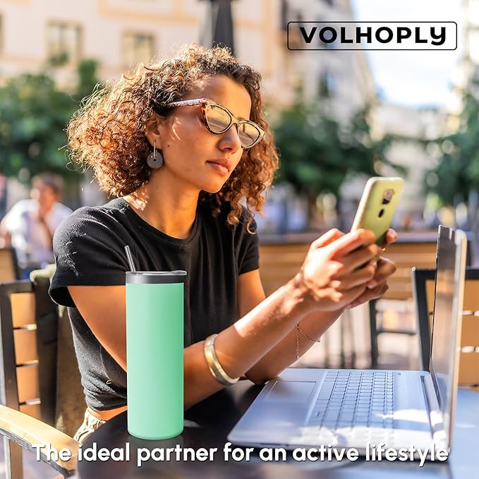 Volhoply 12 Pack Skinny Tumblers with Lid and Straw, 20oz Stainless Steel Straight Tumbler Bulk, Vacuum Insulated Coffee Mug for Home, Office, Travel, DIY (Mint,12 Pack)