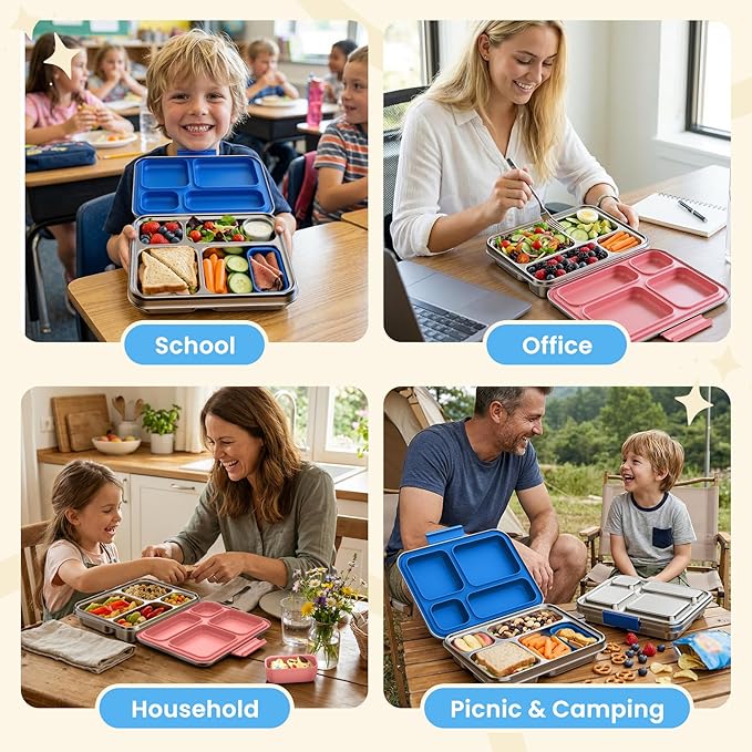 Stainless Steel Bento Box, 4-Compartment Metal Lunch Box with Removable Silicone, Lunch Container for Kids & Adults with Silicone Inner Container, School, Office, Dishwasher Safe(Blue)