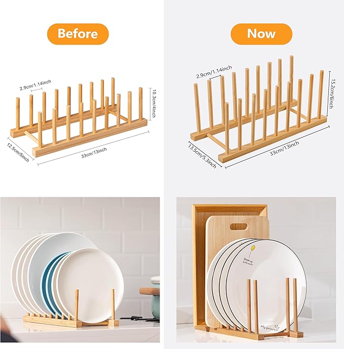 HBlife Heighten and Widen Bamboo Dish Dying Rack Pot Lid Plate Organizer Holder for Cabinet, Cutting Board Stand Drainer Storage Plate Rack for Dish, Pot Lid, Bowl, Cup, Cutting Board and Books