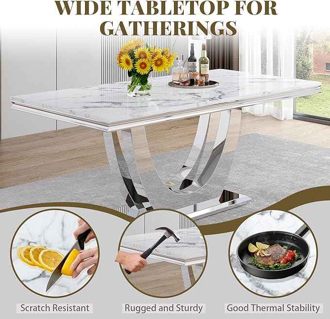 Marble Dining Table Set for 6,70" White Faux Marble Kitchen Tables and Velvet Chairs for 6,7 Piece Luxury Dining Room Table Set and 6 Upholstered Chairs with Silver Stainless Steel Bases