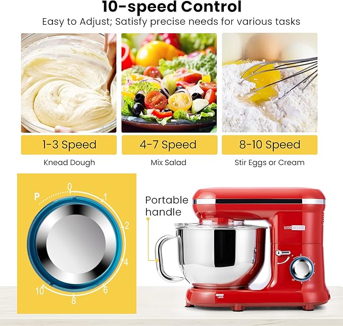 VIVOHOME Stand Mixer with Fermentation, One-Touch Presets, and 6 Qt Bowl, Gray, and VIVOHOME 660W 10 Speed 6 Quart Stand Mixer with Beater, Dough Hook, Wire Whip and Egg Separator, Red