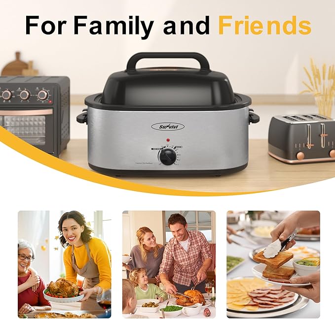 Sunvivi 28lb 24-Quart Roaster Oven, Electric Roaster Oven with Viewing Lid, Turkey Roaster with Unique Defrost/Warm Function, Large Roaster with Removable Pan & Rack, Stainless Steel, Silver