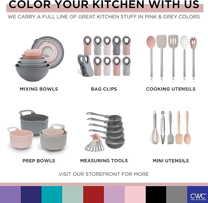 COOK WITH COLOR Nesting Plastic Mixing Bowl Set with Pour Spouts and Handles, Pink, 6 Piece Non-Slip