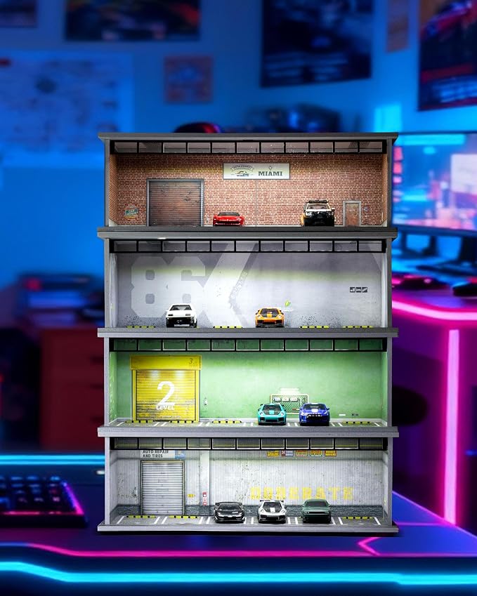 1/64 Scale Display Case Car Garage Moldel, Acrylic Cover Diecast Car Show Case with LED Light 6 Parking Spaces, Hot diecast Wheel Parking Scene (Vehicles Not Included) Red Brick Wall