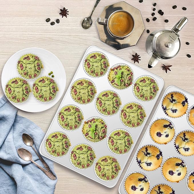 P&P CHEF Muffin Pan Cupcake Baking Pan Set, Stainless Steel Muffin Tin Tray for Mini Cake Tart Quiche, Oven & Dishwasher Safe, Non-toxic & Heavy-duty, (12 Cup, 2Pcs)