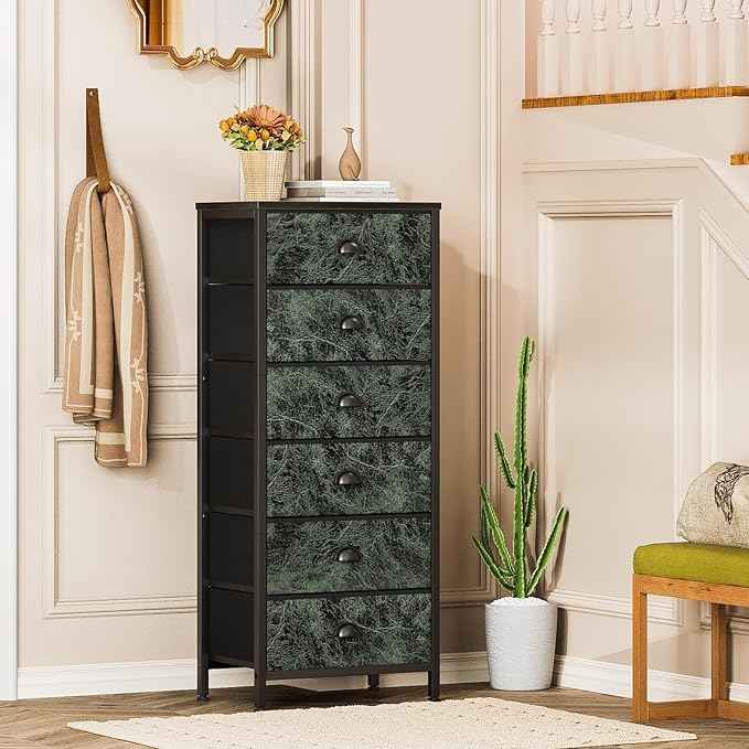 Furnulem Vertical Dresser for Bedroom,Tall Storage Tower Unit and Chest with 6 Drawers,Vintage Green Nightstand Furniture with Fabric Drawer Organizer in Dorm, Living Room,Closet,Entryway,Hallyway