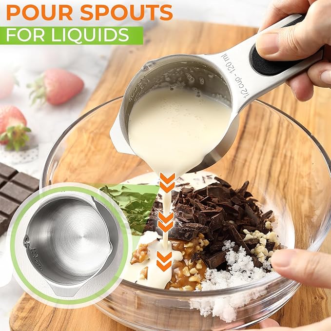 Spring Chef Dual Sided Magnetic Measuring Spoons Set, Winter Frost, Set of 8 & Stainless Steel Magnetic Measuring Cups, Set of 7, Black - 2 Product Bundle