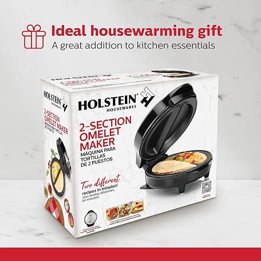 Holstein Housewares Stainless Steel 2 Section Omelet & Frittata Maker, Non Stick Coating, Easy To Clean, Indicator Lights, Compact Storage, Prepare Versatile Recipes in Minutes. 2 Portions, Black
