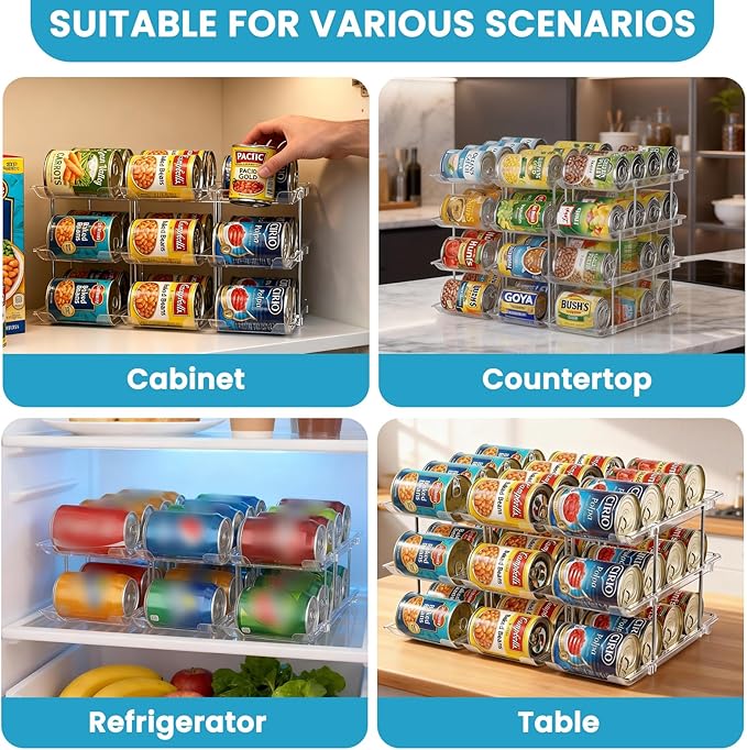 Can Organizer for Pantry, 6 Tier Canned Food Goods Storage Organizer, Clear Soda Can Organizer for Refrigerator Stackable Can Dispenser Rack Holders for Pantry Cabinet Fridge Countertop, Holds 72 Cans