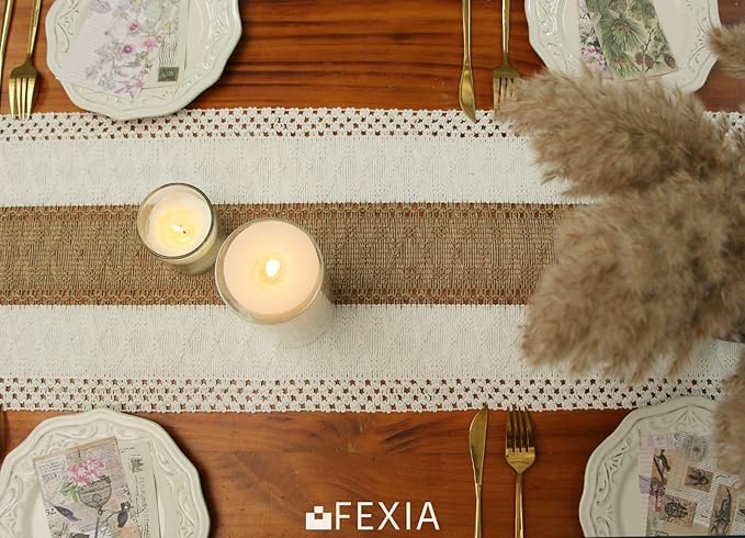 FEXIA Boho Table Runner 36 Inches Long(Without Tassel) Thanksgiving Farmhouse Home Decor Rustic Cream & Brown Macrame Table Runner for Dining Bedroom Decor(12x36 Inches)