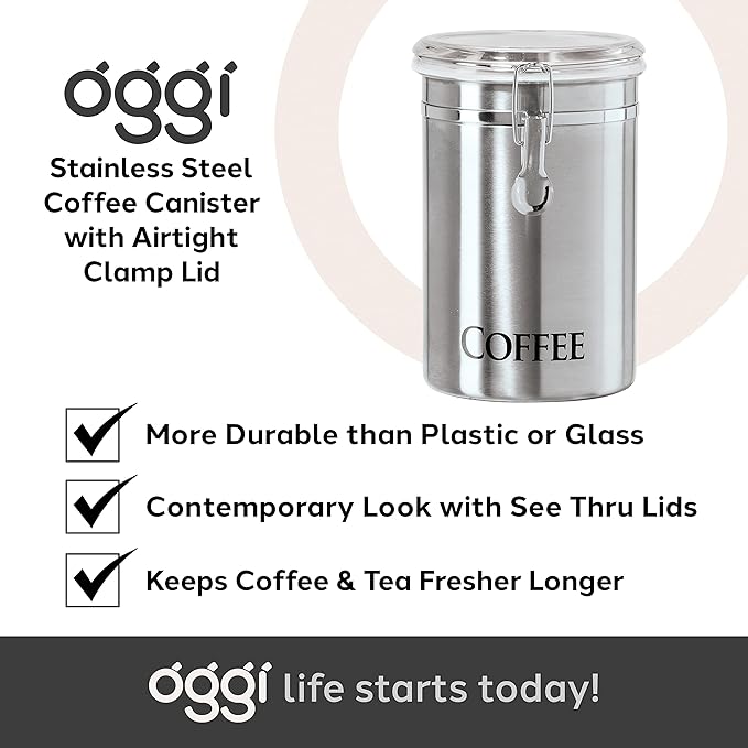 Oggi Stainless Steel Coffee Canister 62 fl oz - Airtight Clamp Lid, Clear See-Thru Top - Ideal for Coffee Bean Storage, Ground Coffee Storage, Kitchen Storage, Pantry Storage. Large Size 5" x 7.5".