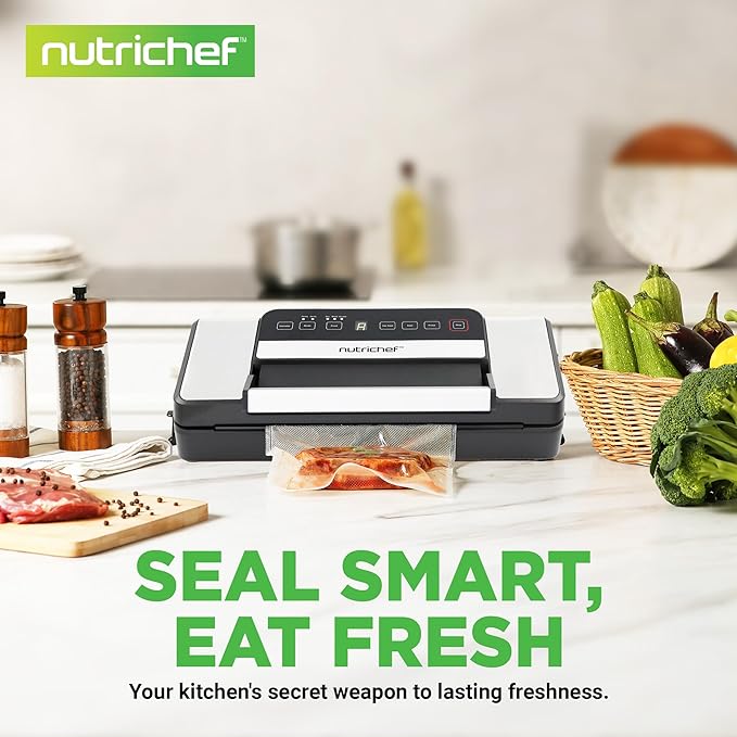 Nutrichef Automatic Food Vacuum Sealer with Double Sealing Function, Electric Air Sealing System for Dry, Liquid & Moist Foods, Reduces Food Waste, Preserve Freshness of Proteins, Fruits, Vegetables