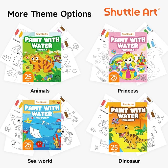 Shuttle Art Paint with Water Coloring Book for Kids, 25 Princess Themed Pages with 2 Brushes, Mess-Free Watercolor Paint Set, Travel-Friendly Art Craft Gift for Toddlers, Birthday Christmas Gift