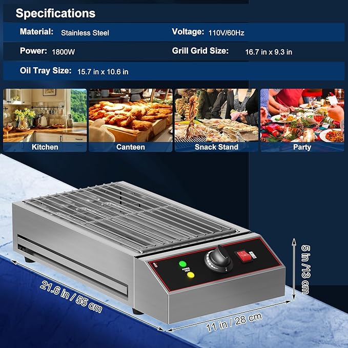 Takywep Electric Barbecue Grill, Smokeless Indoor Outdoor BBQ Grill, Portable Countertop Grill with Adjustable Temperature 122°F-572°F, Stainless Steel, 1800W, for Home Restaurant Party Camping