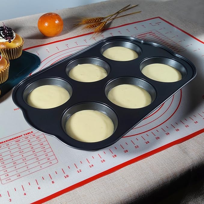 Non-Stick Jumbo Muffin Pans, 3.5" 6-Cup Set of 2 Baking Pans, Heavy Duty Carbon Steel Tins for Extra-large Muffins & Cupcakes