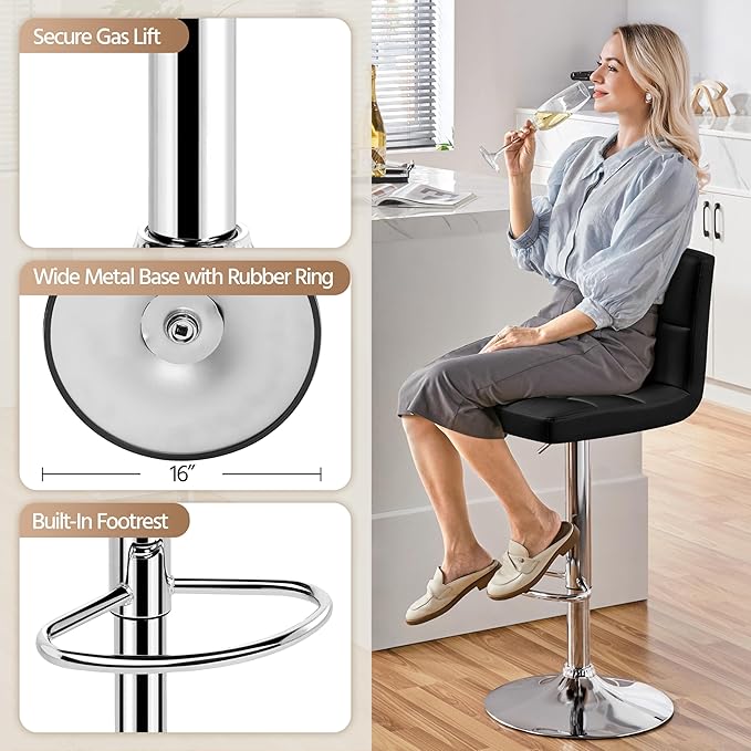 Yaheetech Single Bar Stool, Adjustable PU Leather Swivel Barstools, Modern Counter Stools with Back and Footrest, Counter Height Barstools for Bar, Kitchen, Dining Room, Black