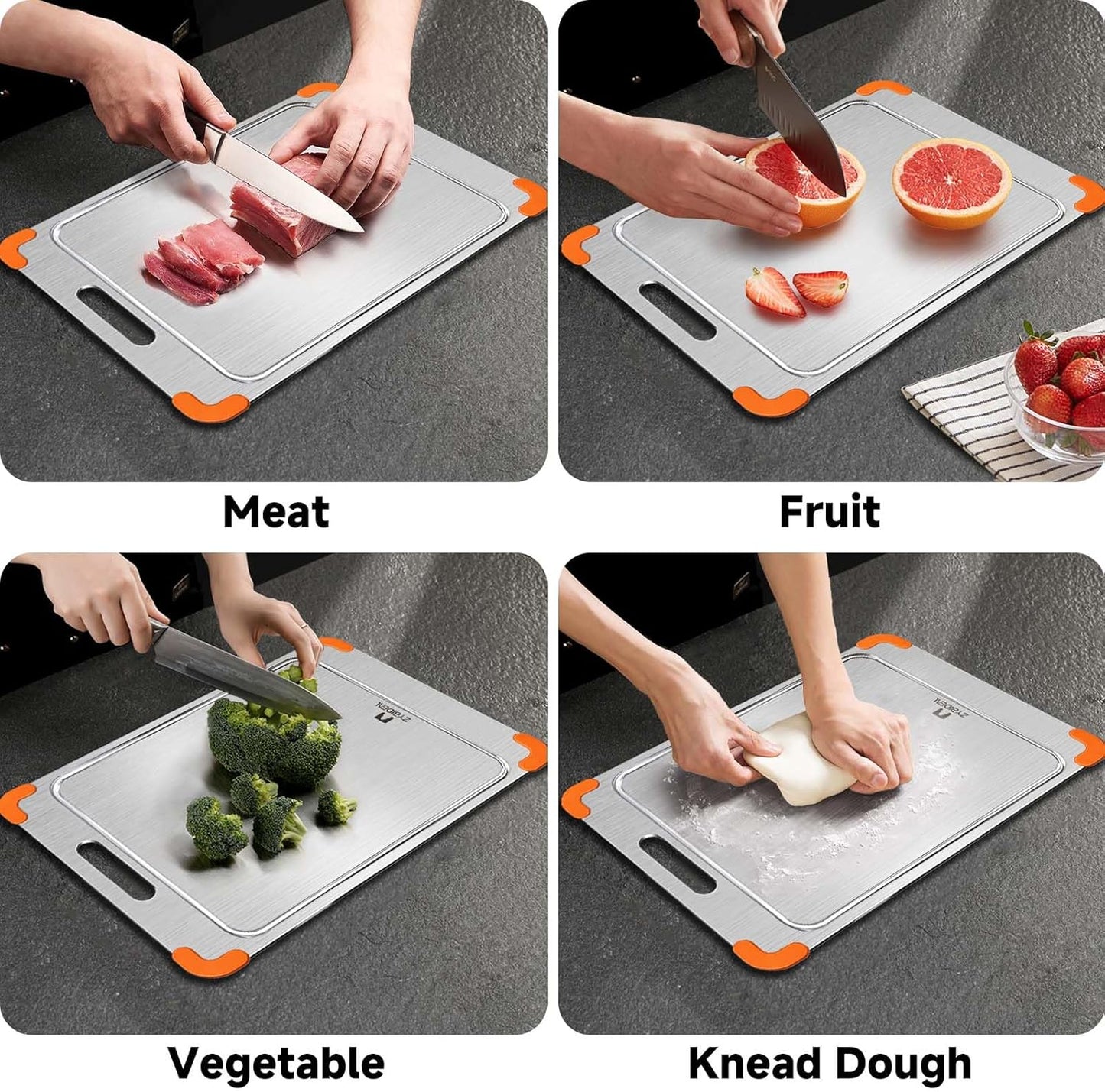 100% Pure Titanium Cutting Board with Grooves, Update Double Side Titanium Chopping Board, Silicone Anti-slip Stainless Cutting Boards for Kitchen 12 * 18 IN, Orange