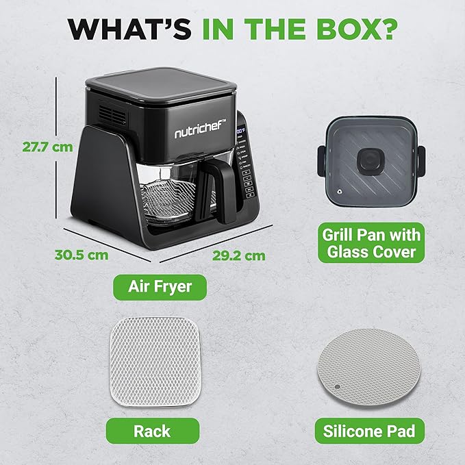 NutriChef 4 QT Air Fryer & Grill | 7-1 Preset Cook Modes | Transparent Fry Bowl for Best Cooking Results | Cook Shrimp, Steak, Fries, Wings & More | 4 QT Glass Air Fryer & 1.2 QT Grill | Black