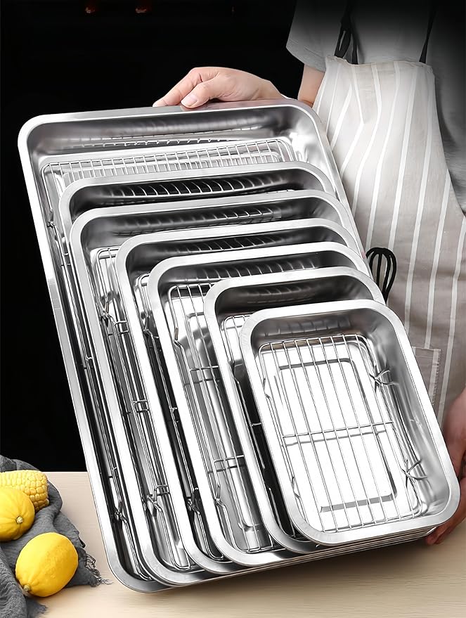 Roasting Pan Heavy Duty Stainless steel Turkey Pans for Oven,Toaster Oven Tray Pans with cooling rack,Hotel Pan, Barbeque Grill Pan,Deep Edge,Mirror treatment, Dishwasher Safe (10.4"x7.7"x2.8")