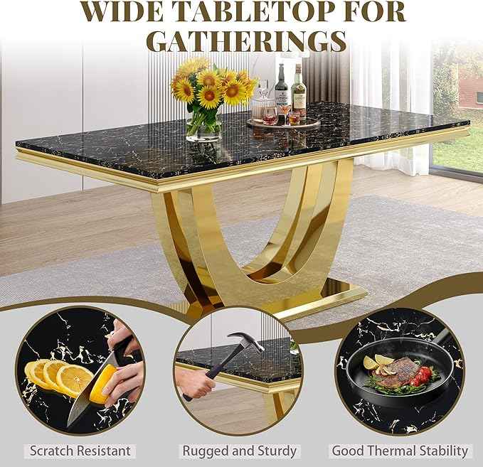 AF ARTISAN FURNITURE Marble Dining Table for 4-8,Black Faux Marble Dining Tables with Gold U-Shaped Mirrored Finish Stainless Steel Base, Marble Kitchen Table for Living Room Home Office