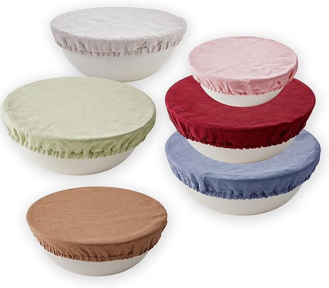 100% Pure Linen Bowl Covers For Bread Proofing, 4 Pcs Elastic Reusable Solid Color Cloth Fabric Bowl Covers,XL Organic Washable Large Stretch Sourdough Lids 6 * 8 * 10 * 12 Inches, Blue
