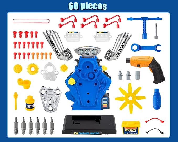 POFJOEQ STEM New V6 Engine Model Building Kit,60-Piece Take Apart Toy with Realistic Lights & Sounds, Tools - Mechanic Repair Playset for Kids Ages 3-5