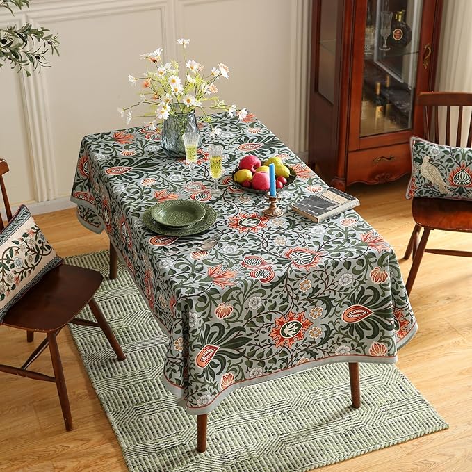 ISAENNE Designer Bohemian Linen Green Extra Long Rectangle Tablecloth,Floral Indoor Table Cloth,Stain Resistant Decor Tablecloths for Dining Thanksgiving Kitchen Party Christmas,63"*110"-Naples