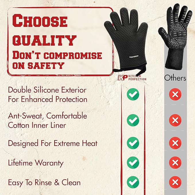 KITCHEN PERFECTION XL Silicone Oven & Griddle Gloves -Extreme Heat Resistant BBQ & Grilling Gloves -Handle Hot Food Right on Your Griddle |Waterproof Oven Mitts Grill Gloves |Superior Set+3 Bonuses