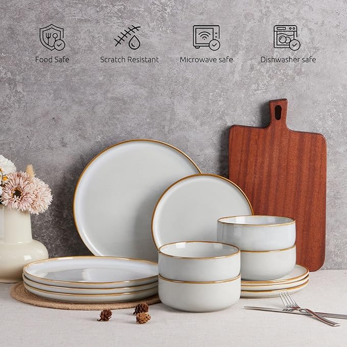 E-far Plates and Bowls Set for 8, 24-Piece Stoneware Dinnerware Sets, Ceramic Dinning Ware Reactive Glaze Dishes Set, Microwave & Dishwasher Safe - Seashell White