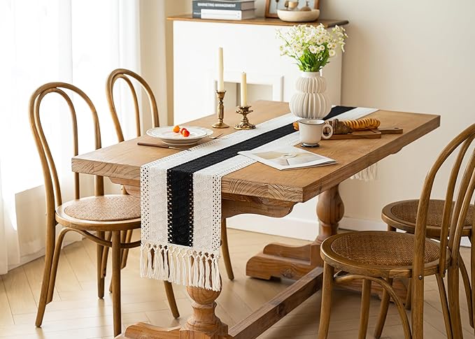FEXIA Boho Table Runner for Home Decor with Tassels 36 Inches Long,Black Farmhouse Rustic Table Runner Macrame Burlap Table Decoration for Living Room Bridal Shower(12x36 Inches)