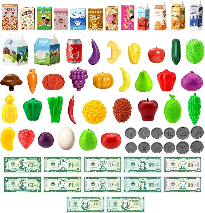 Jovow 102pcs Kids Shopping Cart Trolley Play Set with Pretend Food and Accessories,Perfect for Ages 3+ Pretend Play and Role-Playing Games(Khaki)