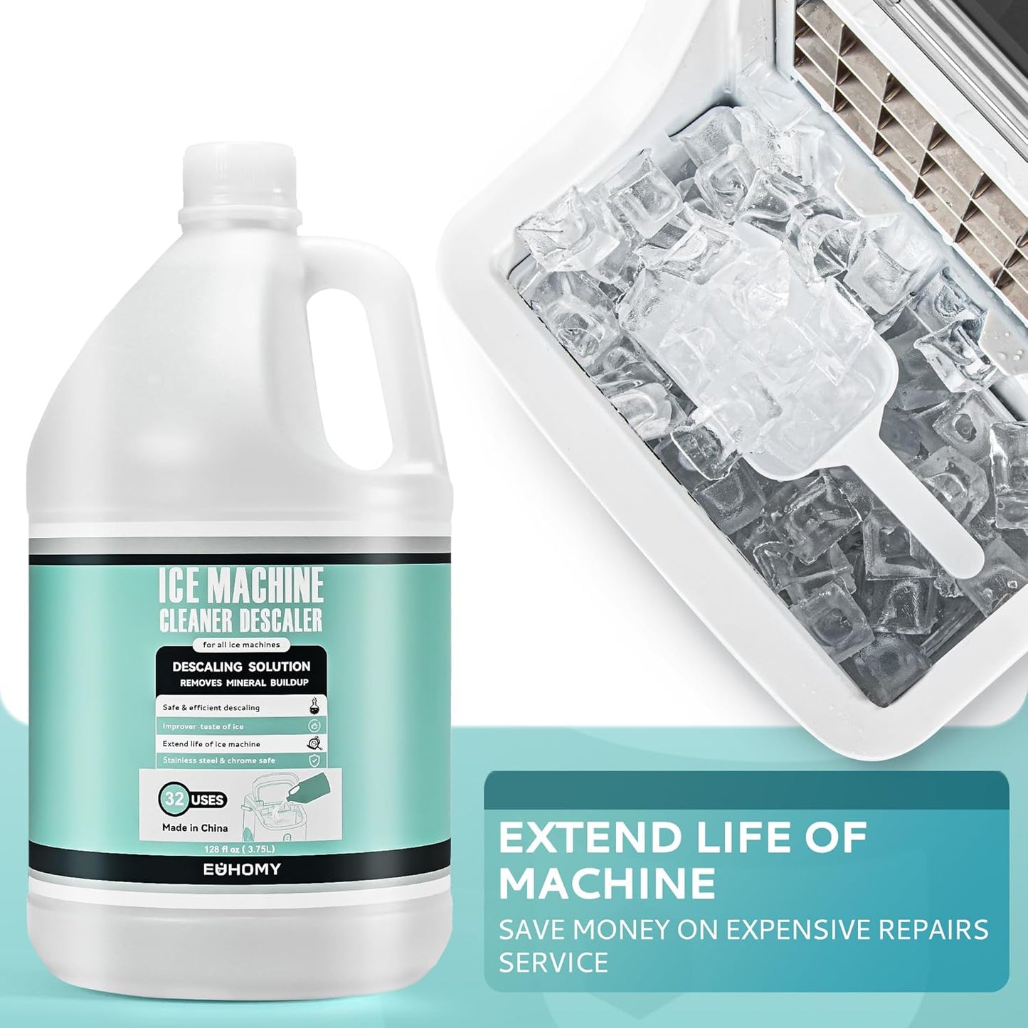 EUHOMY 32 Uses Ice Machine Cleaner Descaler (1 Gallon / 3.75L), 128 Fl OZ Ice Maker Cleaner, Ideal Universal Descaling Solution for All Brands Ice Maker, Single Use Coffee and Espresso Machines