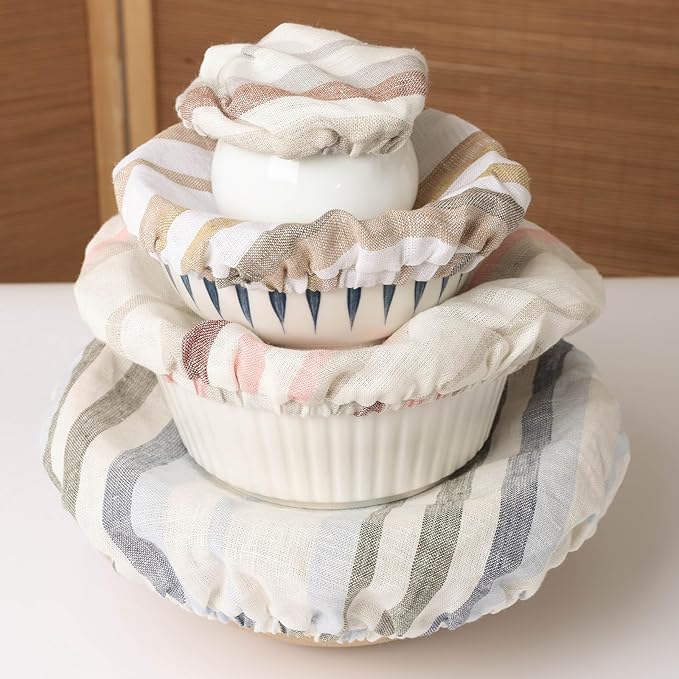 100% Linen Bowl Covers Reusable For Bread Proofing, 4 Pcs Elastic Cloth Fabric Colorful Stripe Bowl Covers, 5.9*7.9*9.8*11.8 Inches, Colorful 4