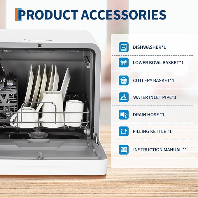 Portable Dishwasher Countertop with Large LED Display - No Plumbing Needed, 5 L Built-In Tank & Faucet Dual Inlet, Self-Priming Pump, 72℃ High-Temp Drying for Sanitizing, Compact for RV/Apartment/Dorm