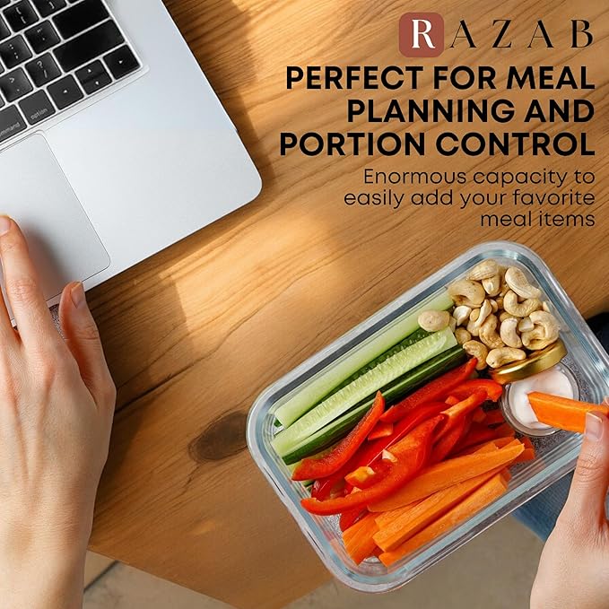 Razab 30 PC Glass Food Storage Containers with Lids - Reusable Glass Meal Prep Containers for Lunch and Leftovers - Airtight & Leakproof Snap Locking Lids - Oven, Freezer, Microwave, Dishwasher Safe