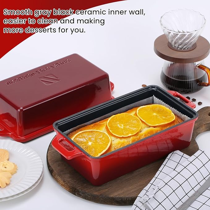 Northriver Casting 9x5 Inch Enameled Cast Iron Loaf Pan with Lid, Perfect Bread Baking Pan | Even Heat Distribution for Homemade Bread, Cake, Meatloaf,2 Piece set,Red