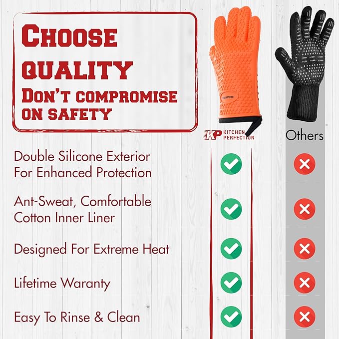 KITCHEN PERFECTION Silicone Oven & Griddle Gloves -Extreme Heat Resistant BBQ & Grilling Gloves -Handle Hot Food Right on Your Griddle |Waterproof Oven Mitts Grill Gloves |Superior Set+3 Bonuses