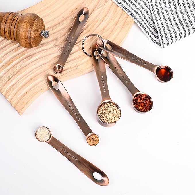 Copper Measuring Spoons Set with Flat Bottom for Kitchen & Baking, Stainless Steel Measuring Spoons Set for Dry & Liquid, Metal Measuring Tools Set with Engraved US & Metri Markings