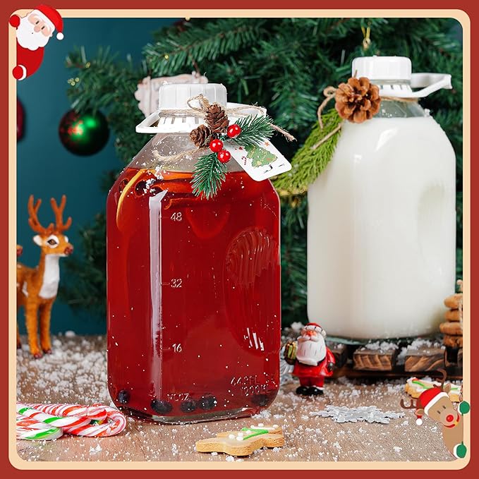 Ritayedet 4 Pack 64 Oz Heavy Duty Glass Milk Bottle with 1 Silicone Spout and 5 Reusable Airtight SCREW LID, 2 Qt Glass Water Bottle with 2 Exact Scale Lines - Milk/Juice Jug Pitcher